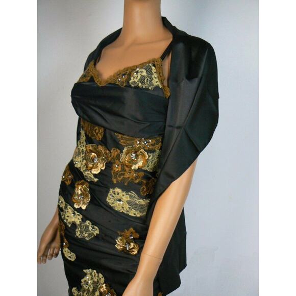 $250 Shireen Black Satin Gold Floral Lace Applique Sheath Dress S 4 6 NEW S412 - Picture 8 of 8